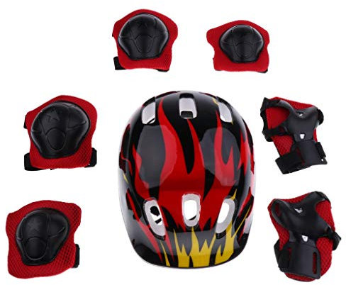 Tenlacum Stoßfester Sporthelm für Kinder, Jungen, Mädchen, Knie, Ellenbogen, Handgelenkschoner, Schutz für Rollschuhlaufen, Reiten, Roller, Fahrrad, Skateboard (7 Stück) (S, rote Flamme)