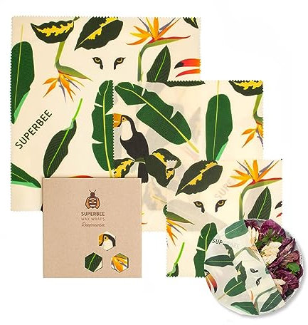 SuperBee Beeswax Wraps, Envoltorios de Cera de Abeja | Set de 3 Tamaños: Pequeño, Mediano y Grande | Jungle | Reutilizable, Eco Friendly, Zero Waste