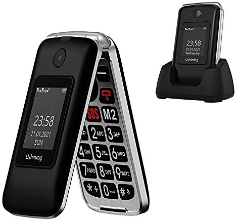 USHINING 3G Seniorenhandy Klapphandy ohne Vertrag, Einfache Großtasten Handy für Senioren mit Ladestation Notruftaste Dual-SIM 1200 mAh Akku Lange Standby-Zeit 2,8 und 1,77 Zoll Farbdisplay - Schwarz