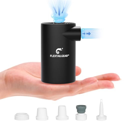 FLEXTAILGEAR EVO PUMP, Pompa ad Aria Elettrica Portatile, Alta Pressione 4,5 kPa, Batteria Ricaricabile da 3800 mAh, 5 Ugelli Multipli per Materassi ad Aria, Galleggianti per Piscine, Salvagenti
