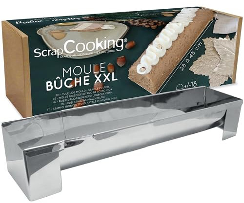 SCRAP COOKING 1936 - Stampo per tronchi in acciaio inox, misura XXL, regolabile da 28 a 45 cm, dessert di Natale fino a 18 commensali, con foglie rodoid, supporti e ricetta tronco pralinato nocciole,