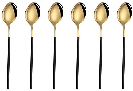 WANAONE 6pcs Tea Spoon Set, Black and Gold Plating Mini Teaspoons for Dessert, Cake, Ice Cream (5.04 * 1.14inch)