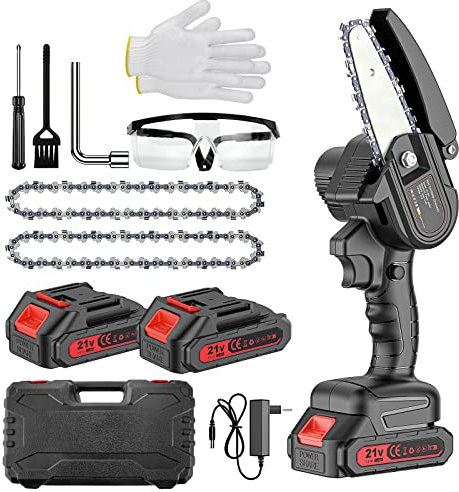 Mini Tronconneuse a Batterie Sans Fil, 4 Pouces Mini Tronconneuse Electrique Sans Fil Pour la Jardinage, la Taille des Arbres, la Coupe du Bois, 2 Batteries, 2 Chaînes