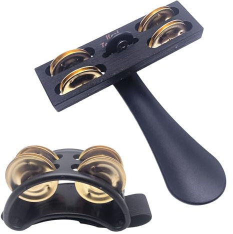 TUOREN Schlagzeug-Tamburin und Fersen-Tamburin (Schuhlöffel-Design) mit goldenen Metallschellen, Instrumenten-Zubehör für Schlagzeug und Gitarre, 2 Stück