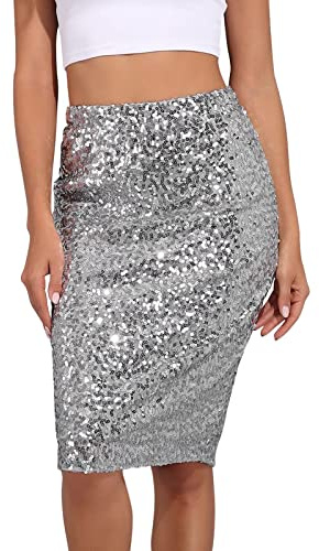 Falda de mujer con lentejuelas larga hasta la rodilla, falda brillante dorada, falda de lentejuelas plateadas, sexy, elegante, midi, bodycon, vestidos de negocios, atuendo de fiesta, falda de