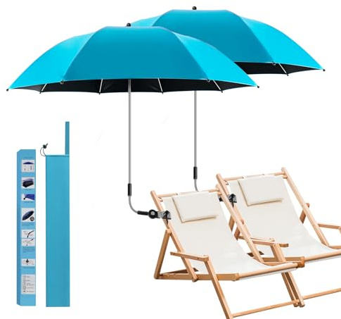 panthem 2PCS Sombrilla Playa para Silla con Abrazadera Universal, UPF 50+ 360 ° Ajustable Parasol Terraza, Sombrilla de Jardín para Patio Balcón Piscina Exterior, Azul claro, sin silla
