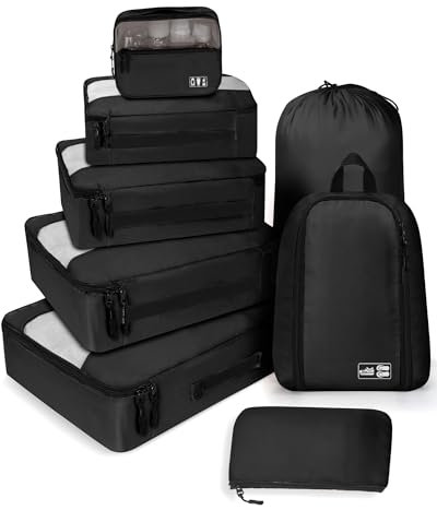 MURISE Koffer Organizer 8 Stück, Packing Cubes für Urlaub und Reisen, Packwürfel Packtaschen für Koffer, mit Schuhtasche Kosmetiktasche, Ordnungssystem, Travel Essentials, Schwarz