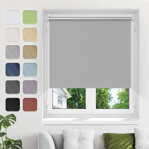Verdunklungsrollo ohne Bohren Klemmfix, Hellgrau B55xH110cm Thermo Rollos für Fenster ohne Bohren Rollos Für Innen Verdunkelung& Sonnenschutz Seitenzugrollo Klemmrollos für Fenster