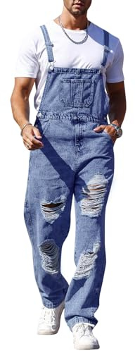 Runcati Men's Denim Bib Overall Ripped Distressed Jean Casual Fashion Workwear Adjustable Strap Hip Hop Jumpsuit