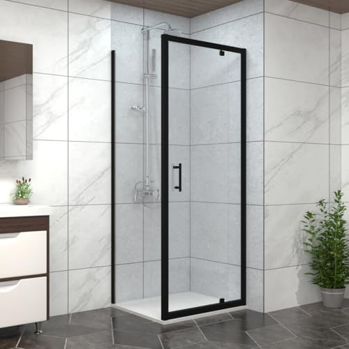 NRG Bathroom Pivot Shower Enclosure Black Framed + Side Panel, 800 x 800mm Reversible Screen with White SMC Square Shower Tray