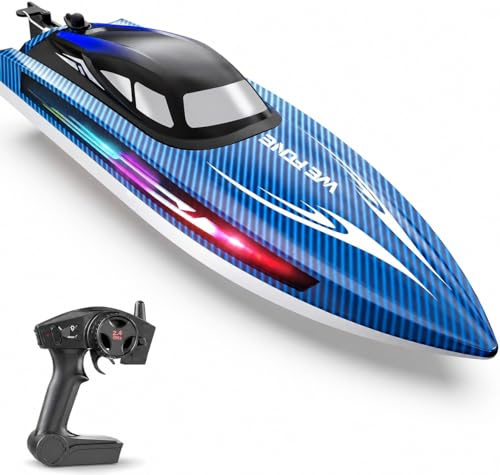 WeFone Barca telecomandata per adulti, 25+ KMH Fast RC Speed Boat con luce LED per bambini, Demo, WF17 Ideale per piscine e laghi giocattolo, 2 batterie ricaricabili per 30-40 minuti (blu)