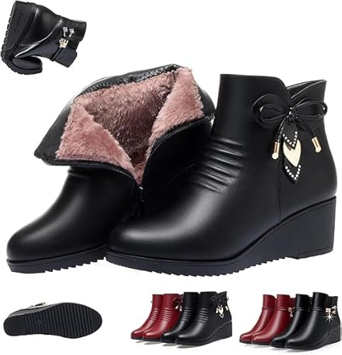 HESYSUAN Botines ortopédicos de tacón de cuña para mujer, botines de invierno con plataforma de piel auténtica, con cremallera lateral, diamantes de imitación brillantes, impermeables, ortopédicos