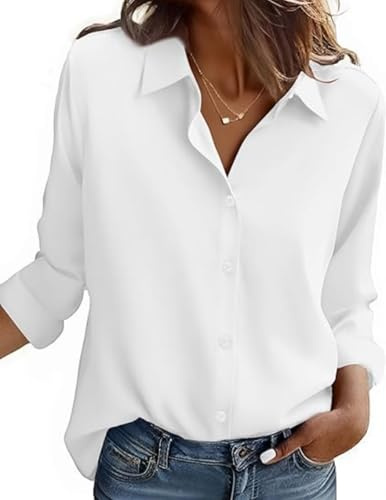 Zeagoo blus dam business strykfria blusar långärmad krage skjorta blus enfärgad button down skjortor elegant arbetstoppar skrynkelfri skjorta, Vit, M