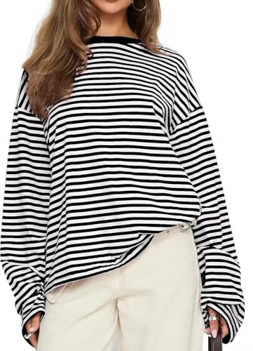 LEEDYA Womens Oversized Striped Sweatshirts Trendy Y2K Long Sleeve Crewneck Sweater Drop Shoulder Loose Pullover Tops Black M