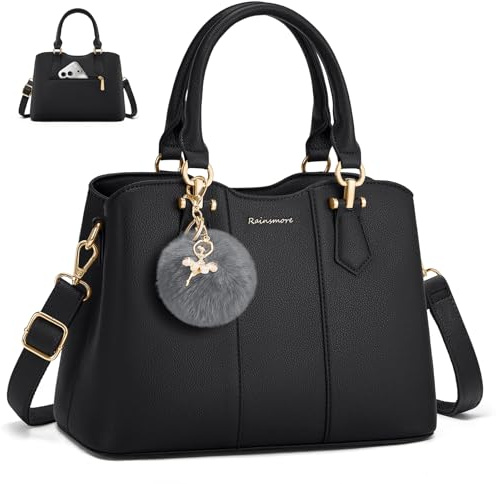 RAINSMORE Handbags for Women, PU Leather Ladies Handbags with Detachable Charm, Crossbody Shoulder Bag for Casual Daily Use, Work, Black