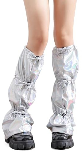 hogtnd Mujeres japonesas calcetines estéticos calentadores de piernas punk cordón Shinning pierna cubierta con longitud ajustable damas ropa de pierna, plata, Talla única