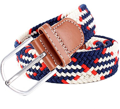 MESHIKAIER 41 x 1,3 tum unisex elastiskt tyg flätat stretchbälte vardag män kvinnor midjebälte med PU-läderspänne, Blå vit röd, 105*3.3cm