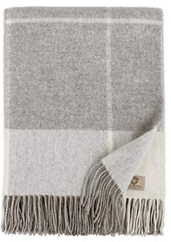 LINEN & COTTON Plaid di Lusso a Quadri Coperta/Copriletto/Coperte OLIVIA - 100% Lana Merinos Superfine, Grigio/Bianco (140 x 200cm), Adatto per Letto o Divano, Singolo/Matrimoniale