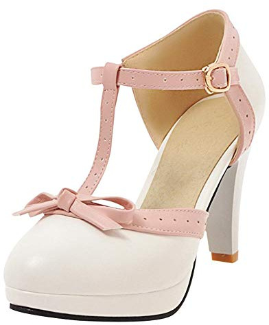 Damen T Steg Pumps High Heels mit Blockabsatz und Riemchen Plateau Vintage Retro Rockabilly Damen Schuhe(Weiss,35)