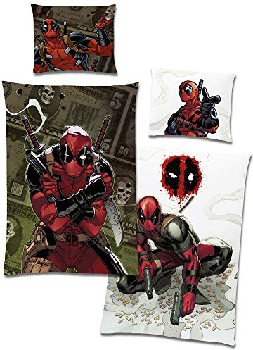 BERONAGE Deadpool - Biancheria da letto double-face, 135 x 200 cm + 80 x 80 cm, 100% cotone Renforcé di qualità con cerniera YKK, maschera anti-eroe Marvel Comic