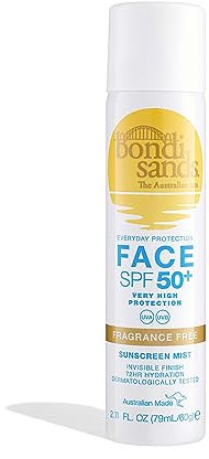 Bondi Sands SPF 50+ Fragrance Free Face Sunscreen Mist | Broad Spectrum UVA & UVB Protection with 72 Hour Hydration, Invisible Finish, Dermatologically Tested + Cruelty Free | 79 mL/2.11 Oz