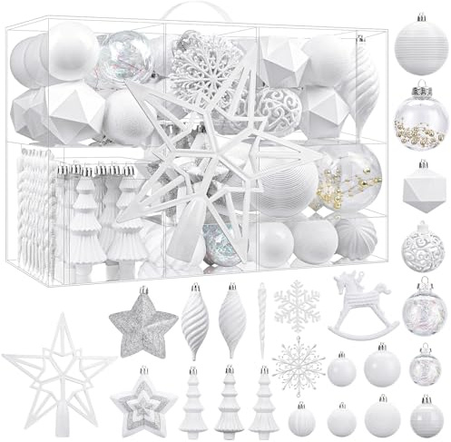 SHareconn 100pcs Christmas Tree Decorations Ornaments Set, Shatterproof Plastic Baubles Decorative Balls for Xmas Tree Decor Holiday Wedding Party, White
