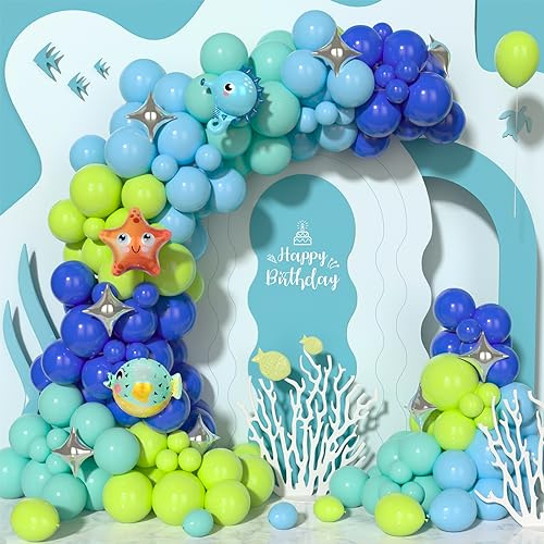 Ousuga Globos Océano Globo Azul Verde 134 Piezas Globo Oscuro Verde Azul Teal Verde Fruta Arco Bajo Mar Globos Foil Animales Marinos Niño Niña Cumpleaños Niños Suministros Fiestas