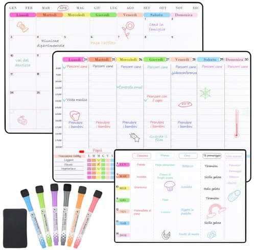 POPRUN Lavagna Calendario Magnetica frigo Cancellabile,Pianificazione la Settimana+Calendario Mensile+Pianificare Pasti,Set di 3 Famiglia Lavagna Bianca Calendario Magnetico Frigorifero - in Italiano