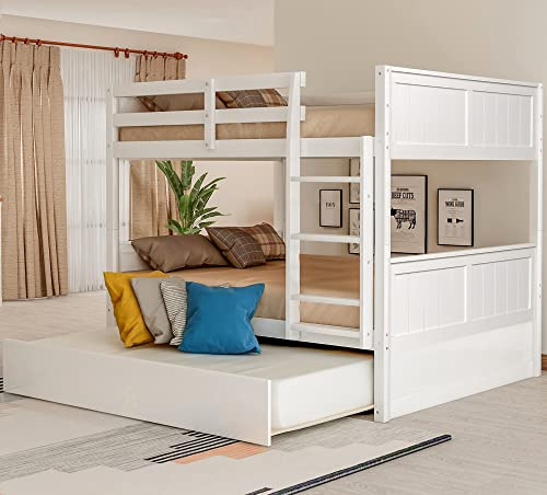 Full Over Full Bunk Bed with Trundle, Wooden Trundle Bed Frame with Ladder Safety Guardrail, Convertible to 2 Platform Beds for Kids Teens, White