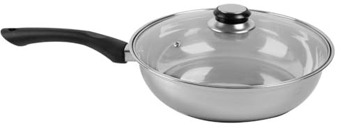 Bargain Shack 24cm Stainless Steel Frying Pan with Lid Kitchen Cookware Omlette, Saute Pans for Electric, Gas & Ceramic Glass Induction Hob (Frying Pan w Lid - Black)
