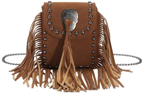 Qurlon Vintage fransväska western cowboyväska nit utsmyckad handväska kedjerem axelväska, Brun