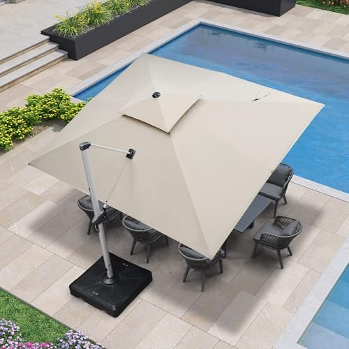 PURPLE LEAF Parasol Déporté 3 x 3,65 m Rectangulaire avec Pied, Parasol de Jardin Extérieur à Toit Double Rotatif 360°, Convient au Patio, Piscines, Cafés et Restaurants, Beige