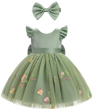 FYMNSI Baby Girls Party Dress Toddlers Kids 1st 2nd 3rd Birthday Dresses Infant Back V-neck Bowknot Floral Embrpidery Tulle Tutu Princess Wedding Evening Pageant Dresses with Headband Set Green 18-24M