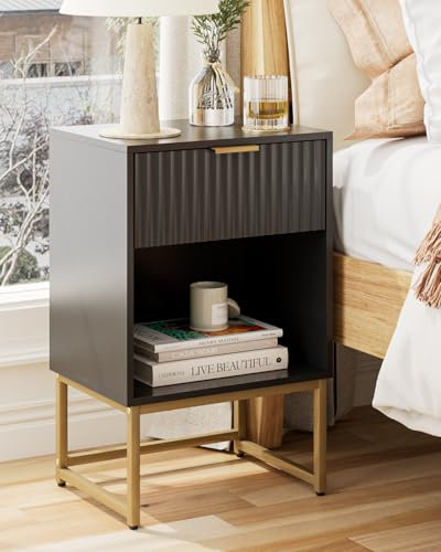 HEYZOEY® Mesita de Noche con cajón, Mesa Auxiliar de 40 cm de Ancho con Compartimento Grande, mesita de Noche Moderna para Dormitorio, salón u Oficina (Acabado Negro con Ranuras)