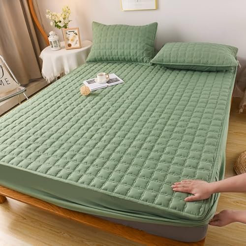 AMDXD Betthusse 180x220cm Allergiker, Kariert Spannbettlaken für Topper Einfarbig Grün Matratzenschutz, Polyester Baumwolle Spannbettuch Laken für Boxspringbett & Wasserbett