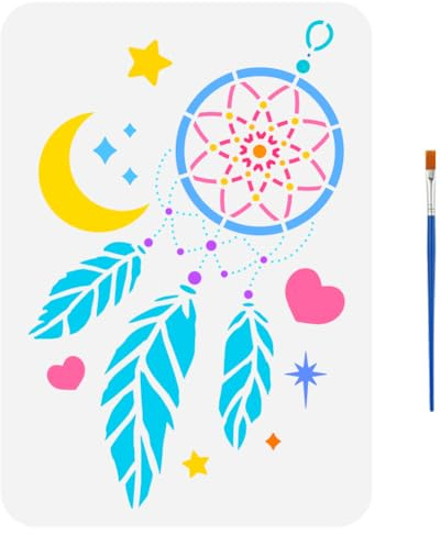 FINGERINSPIRE Joli Pochoir de Peinture Attrape Rêves Avec Pinceau 21X29.7cm Modèle de Lune Étoiles Plumes Motif de Cœur D'Amour Pochoir Thème Fantaisie Modèle pour Peinture sur Bois Tissu Vêtements