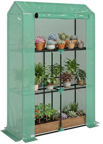 Outsunny Serra da Balcone per Orto a 3 Livelli con Porta a Cerniera Avvolgibile e 8 Fibbie di Plastica, Serra da Giardino in Acciaio e PE Anti UV, per Piante, Fiori e Verdure, 100x40x150 cm, Verde