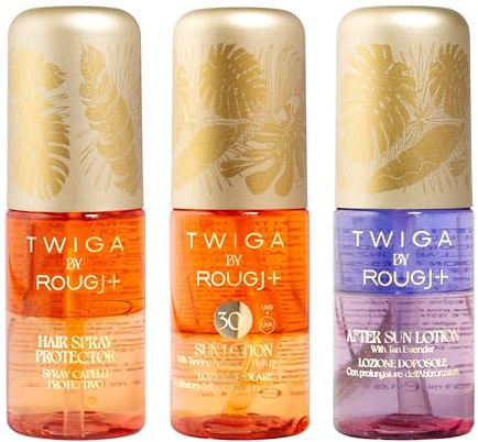Rougj Travel Kit Solari 3x50ml - Spray Capelli, Lozione Solare SPF 30, Doposole - Attivatore e Prolungatore Abbronzatura Protezione UV e Idratazione Viso Corpo Capelli - Twiga by Rougj - Made in Italy