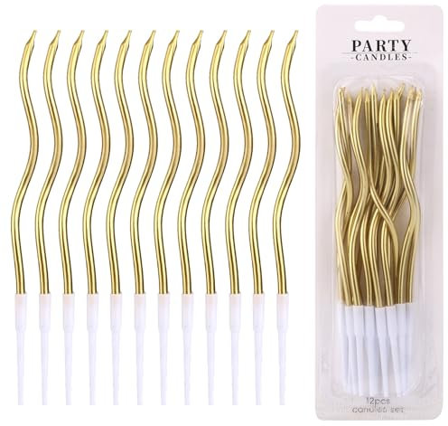 lasuroa 12pcs Spiral Cake Candles, Twist Slim Long Birthday Cake Candles Velas Themed Party Cupcake Sparkler Decoration with Stand for Birthday Wedding Anniversary (Gold)