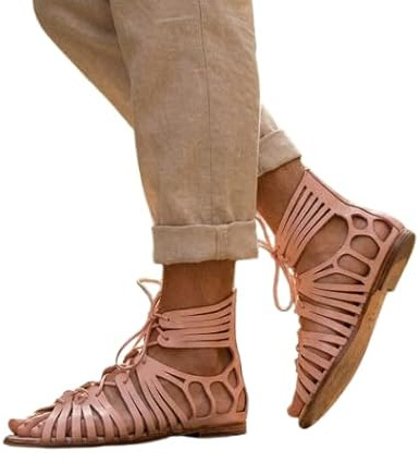 Mdhel Women’s Handmade Gladiator Sandals – Pink Leather Roman Style Open Toe Lace Up Flat Shoes | Comfortable Summer Footwear for Casual, Party & Beach (US 13)