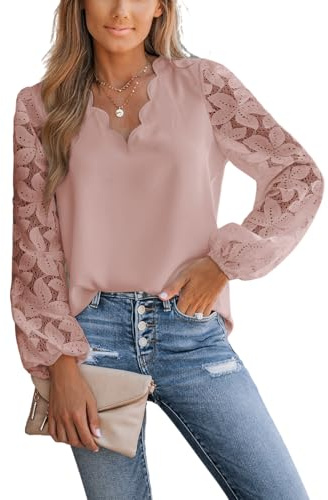 CUPSHE Camicetta da donna in pizzo floreale smerlato top manica lunga scollo a V camicia elegante, rosa, XL