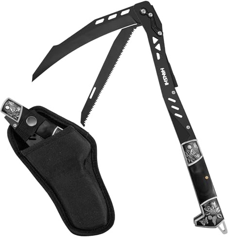 HANSHI Multifunctional Folding Sickle with Sheath,Foldable Scythe with Knife and Saw for Adventure,Camping,Climbing,Farming Work,Horticulture Work,Portable Garden Tool for Weeding,Grass