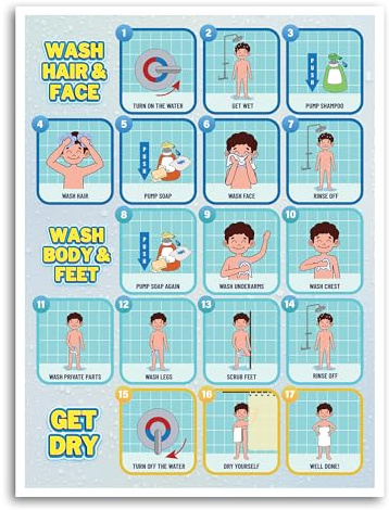 Shower Routine Chart for Boys 12x16, Autism Bathroom Visual Aid