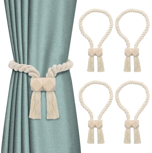 4 Piezas Alzapaños de Cortina Magnéticos, Sujeta Cortinas sin Taladro, diseño de imán potente, curtain tiebacks de cordón de algodón beige, para salón dormitorio oficina, estilo nórdico/boho