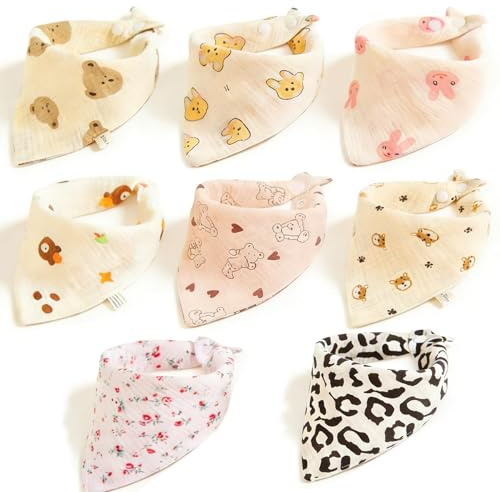 JazRvr Lot de 8 bavoirs triangulaires pour bébé, avec différents motifs, réglables, 24 x 25 cm, matériau doux, idéal pour un usage quotidien, parfait pour les bébés et les tout-petits