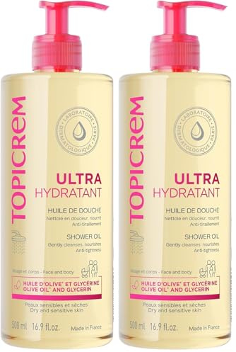 Topicrem - Ultra-Hydratant, Huile de Douche - Nettoie, Nourrit, Protège - Gel Douche Visage et Corps pour Peaux Sensibles, Sèches, Bébés, Enfants et Adultes - Fabrication Française - 500 ml (Lot de 2)