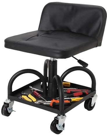 Garvee Rolling Mechanic Stool, 136kg Capacity Roller Creeper Seat with 360° Lockable Wheels & Tool Tray, 40-53cm Height Adjustable Workshop Seat Chair for Garage, Shop, Auto Repair