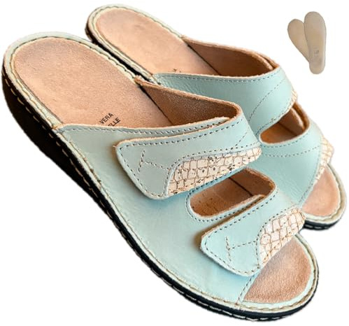 OLLIE TRICK Ciabatte Comfort DONNA con strappi aperte in pelle regolabili CAREZZA ciabatta ANGYFLEX plantare estraibile (acquamarina, Sistema Taglie Calzature EU, Adulto, Donna, Numero, Media, 38)