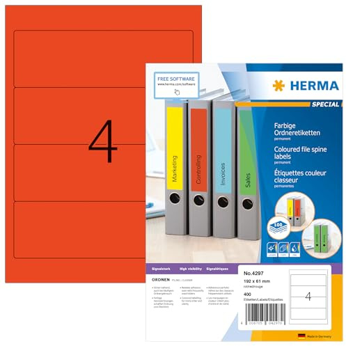 HERMA Self Adhesive Spine Labels, 4 Labels per A4 Sheet, 100 Sheets, 192 x 61 mm, 400 Labels, Blank Lever Arch File Folder Labels Stickers, Sticky Labels for Laser & Inkjet Printer, Red