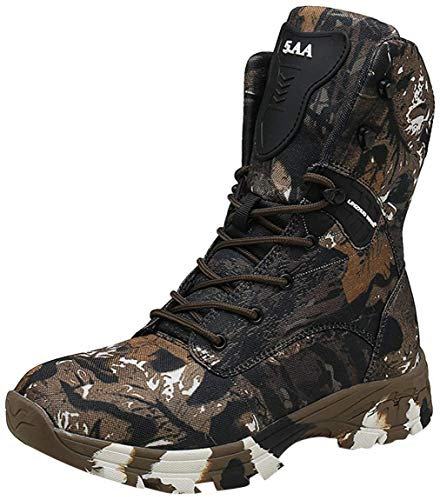 Doubjoy Bota de caza para hombres, bota de senderismo transpirable de altura media para exteriores Botas de camuflaje Botas tácticas Q3 zapatos de camuflaje botas altas (47 EU,A-Brown)